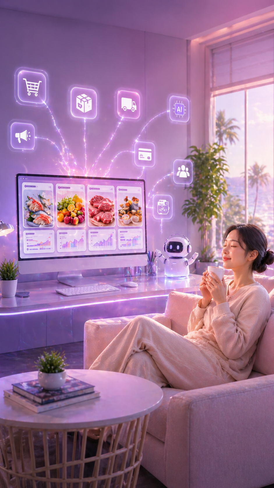 SNS AUTO 자동화로 여유를 즐기는 생활 - AI가 쇼핑몰을 대신 운영하는 개념 이미지